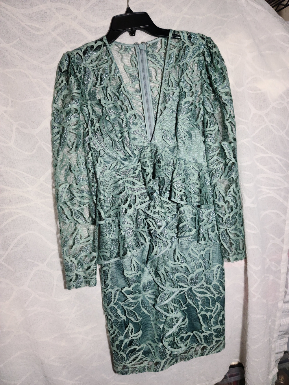 bebe Sage Green Lace Long-Sleeve Peplum Dress